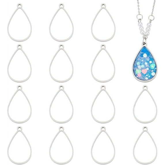 16Pcs Teardrop Open Back Bezel Pendants 304 Stainless Steel Epoxy Resin Bezel Pendants Epoxy Resin Frames Pendants for DIY UV Resin Pressed Flower Jewelry Making Inner Diameter 26x17.5mm