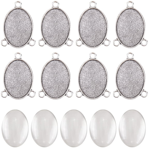 16Pcs Tibetan Style Alloy Cabochon Connector Setting with 16Pcs Glass Transparent Glass Cabochons DIY Findings for Jewelry Making Silver 31x23x2mm