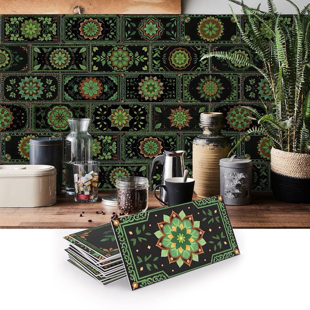 16Pcs Tiles Stickers Wall Decals Green Flowers Pattern 8" x 4" Foaming Board Vinyl Waterproof Peel and Stick Backsplash Mural