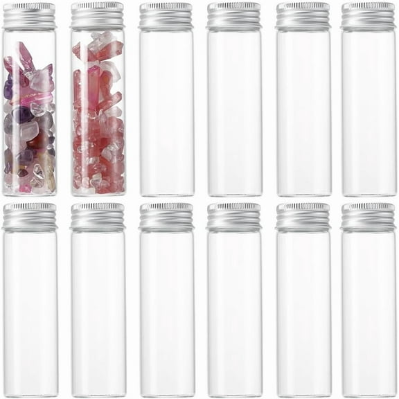 16Pcs Tiny Glass Storage Jars 50ml Flat Bottomed Test Tube with Aluminum Screw Caps Clear Glass Vial Mini Glass Jars Transparent Glass Test Tubes for Liquid DIY Crafts Party Favors Beads Silver