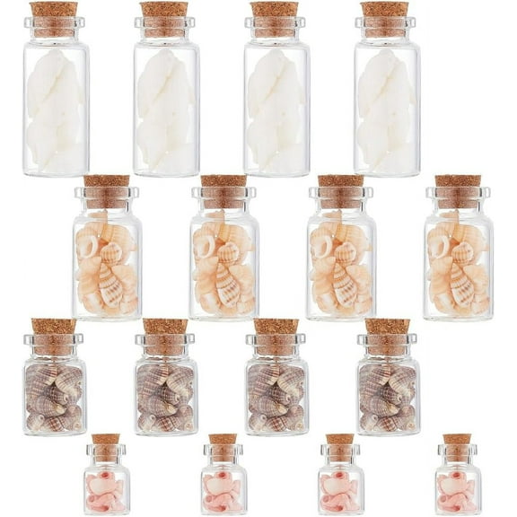 16Pcs Transparent Glass Bottle 4 Styles Beach Message Bottles Mini Shells Glass Jar Ocean Theme Glass Dome Bell Jar with Seashell Hanging Ornaments Set for Party Decoration Supplies