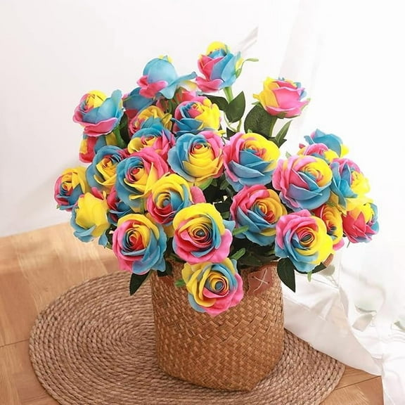 16Pcs Valentine's Day Rainbow Artificial Rose Flower Real Touch Rainbow Artificial Silk Rose Flower Fake Roses for DIY Bouquets Wedding Party Bouquetr Home Decor