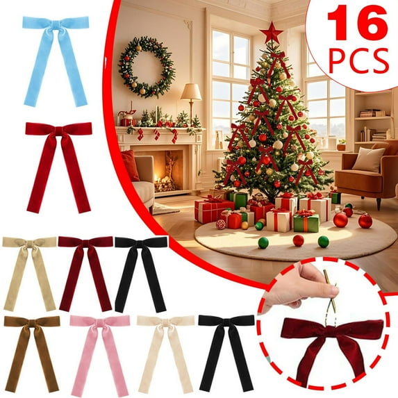 16Pcs Velvet Bows for Christmas Tree Decorations, Elegant Holiday Ribbon Bows for Wreath Garland Gift Wrapping Indoor Outdoor Winter Decor, Green, 【Widened version】, by FAJHHA