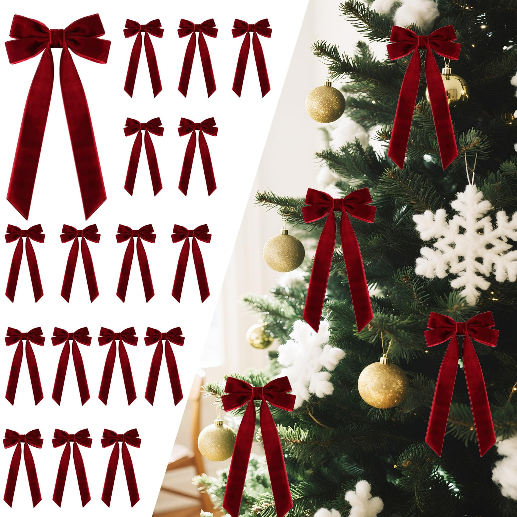 16Pcs Velvet Ribbon Bows, Burgundy Christmas Decor for Tree, Wreath & Gift Wrapping, 5x10 Inch Rustic Craft Ornaments(Burgundy）