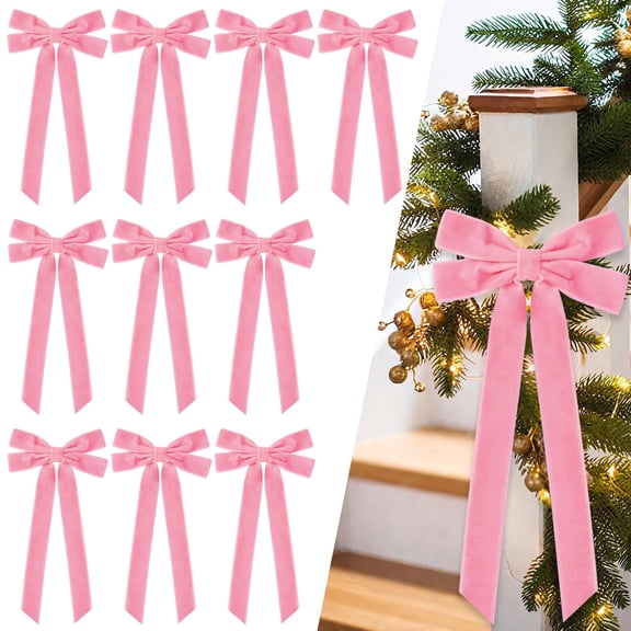 16Pcs Velvet Ribbon Bows, Burgundy Christmas Decor for Tree, Wreath & Gift Wrapping, 5x10 Inch Rustic Craft Ornaments(Pink）