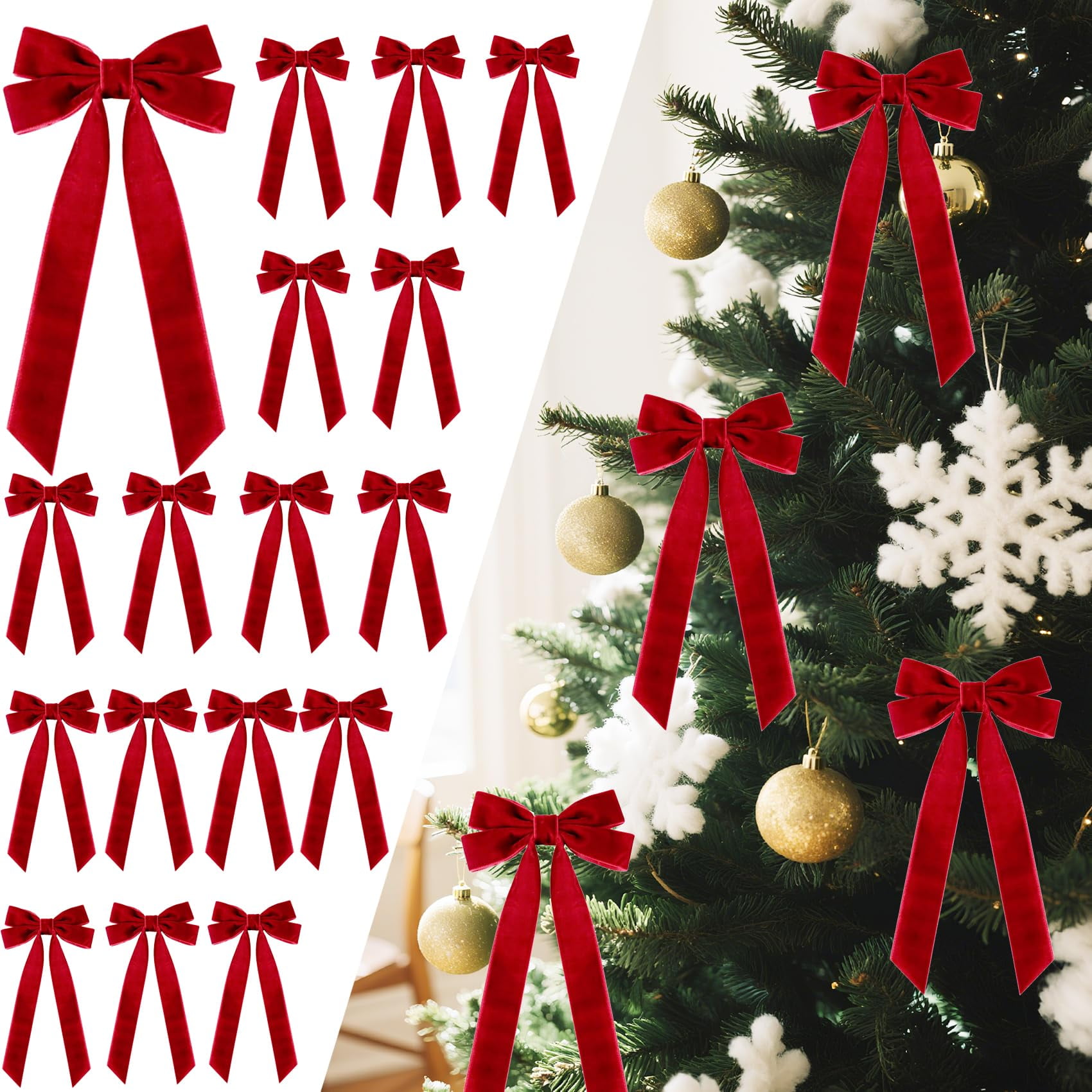 16Pcs Velvet Ribbon Bows, Burgundy Christmas Decor for Tree, Wreath & Gift Wrapping, 5x10 Inch Rustic Craft Ornaments(Red）