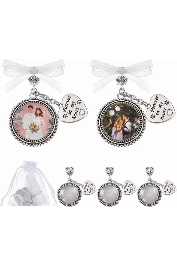 16Pcs Wedding Bouquet Charm Metal Memorial Photo Charm with Glass Cabochons Organza Ribbon Gift Bags Wedding Bouquet Charm for Bridal Shower Engagement Wedding Bachelor Party Silver