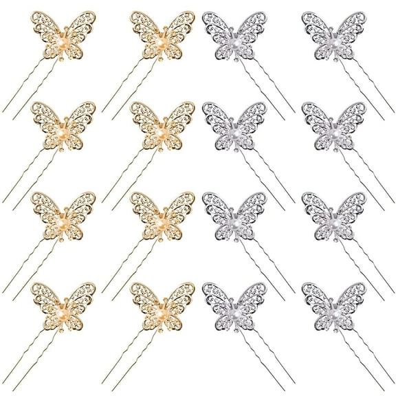 16Pcs Wedding Hair Pins, Bride Butterfly Rhinestone Pearl Hair Clips, U Shaped Sliver Gold Bridal Hair Accessories, Hair Barrettes for Bridesmaid Party Prom Women Girls