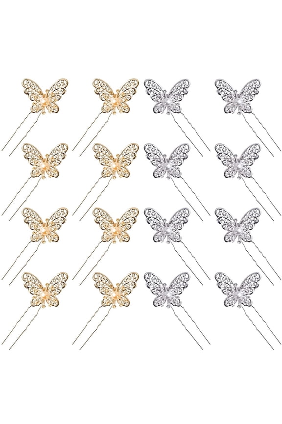 16Pcs Wedding Hair Pins, Bride Butterfly Rhinestone Pearl Hair Clips, U Shaped Sliver Gold Bridal Hair Accessories, Hair Barrettes for Bridesmaid Party Prom Women Girls