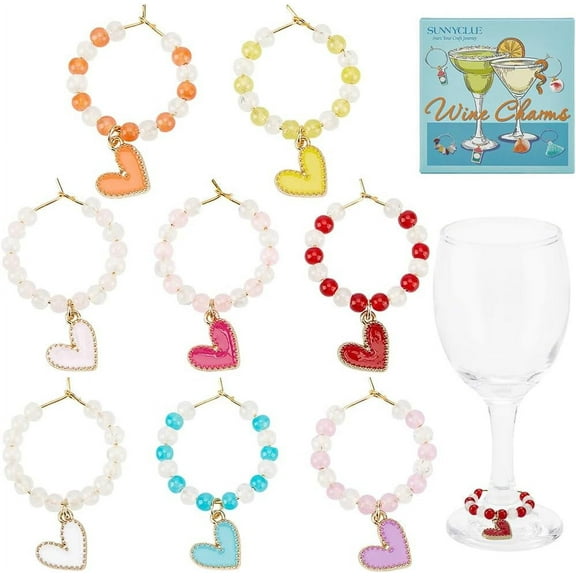 16Pcs Wedding Wine Glass Charms Heart Wine Rings Bulk Alloy Colorful Enamel Heart Drinks Identifiers Marker Tags Charms for Stem Glasses Wedding Valentines