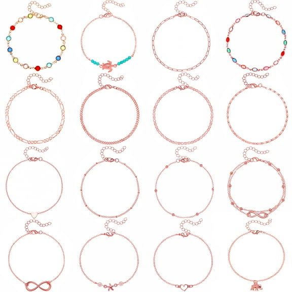 16Pcs Women's Charm Anklet Set Multilayer Chain Ankle Bracelets Boho Rose Gold Anklet for Women