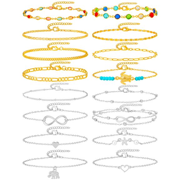 16Pcs Women's Charm Anklet Set Multilayer Chain Ankle Bracelets Boho Silver Anklet for Women
