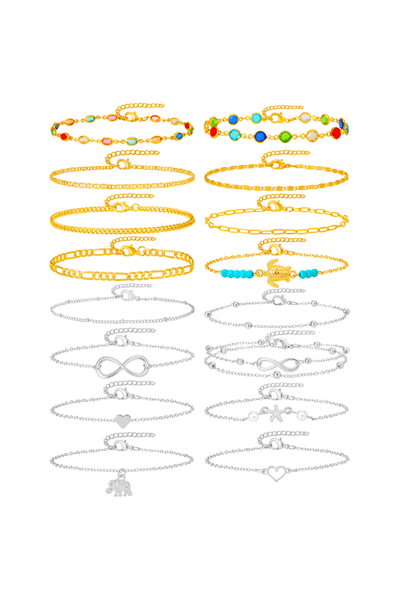 16Pcs Women's Charm Anklet Set Multilayer Chain Ankle Bracelets Boho Silver Anklet for Women