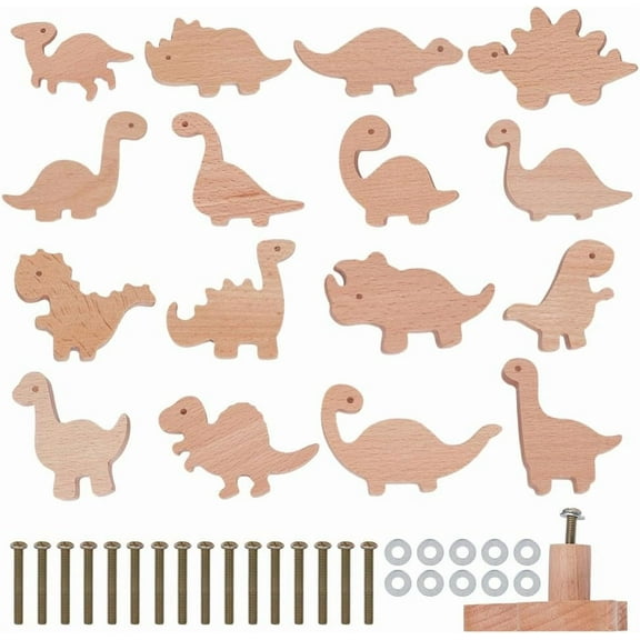 16Pcs Wooden Animal Cabinet Knobs Dinosaur Wood Drawer Knob Decorative Wooden Dresser Knobs Natural Wood Drawer Pulls with Screws for Home Doorknob Furniture Handles Cabinets