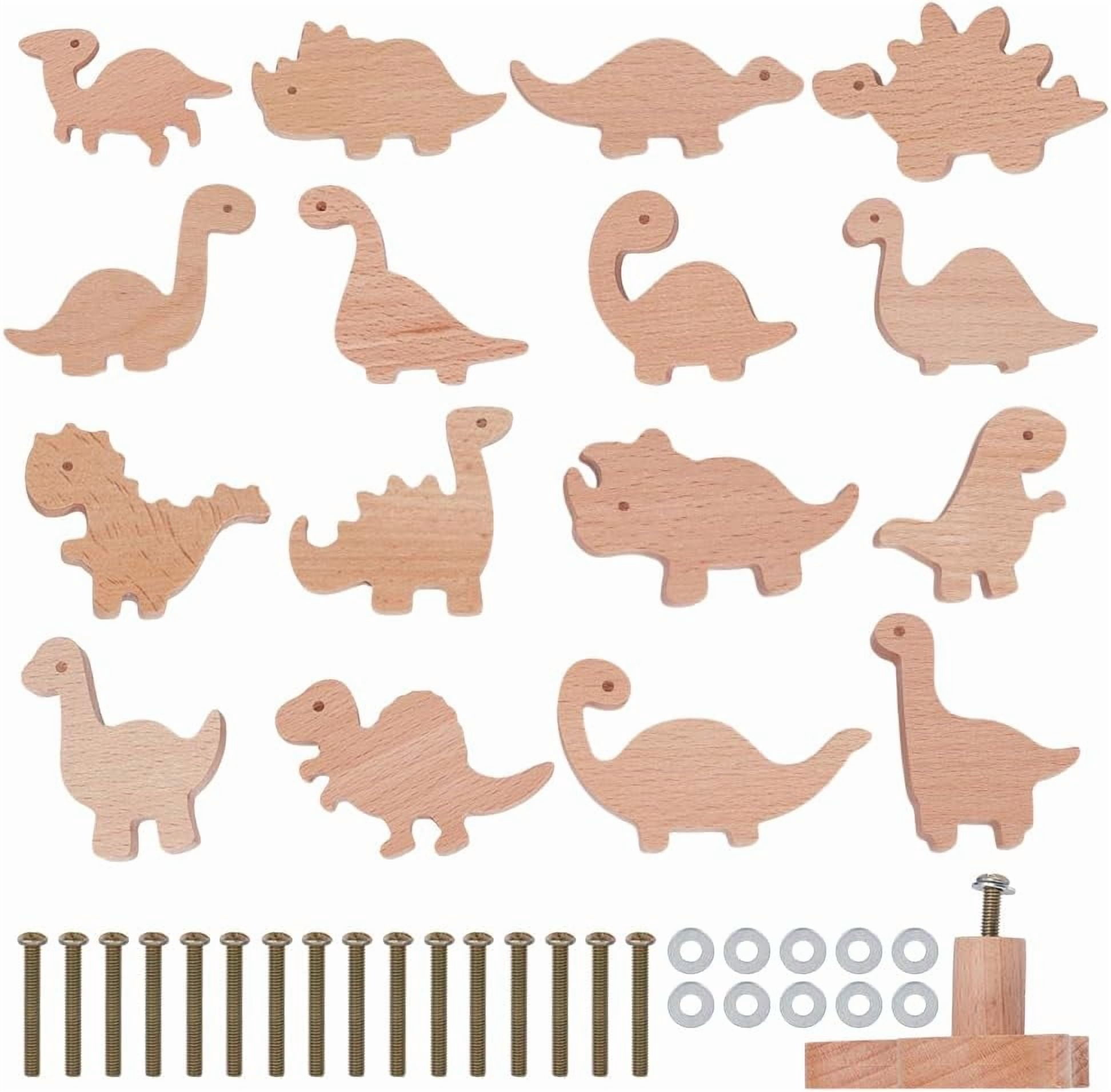 16Pcs Wooden Animal Cabinet Knobs Dinosaur Wood Drawer Knob Decorative Wooden Dresser Knobs Natural Wood Drawer Pulls with Screws