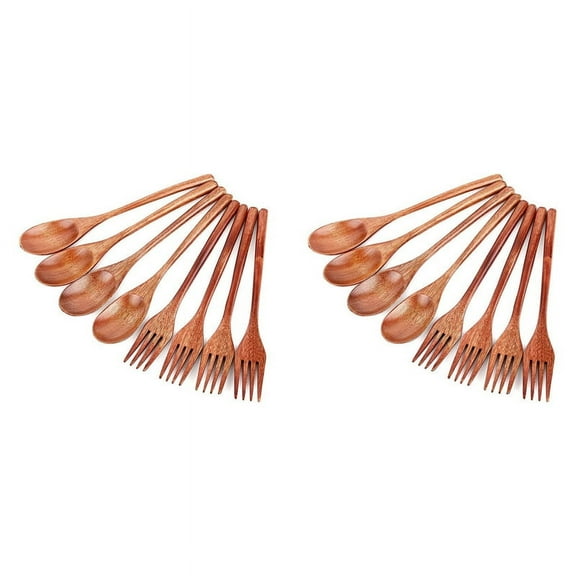 16Pcs Wooden Spoons Forks Set, Japanese Style Utensil Handmade Kitchen Spoon, Reusable Travel Flatware Set B