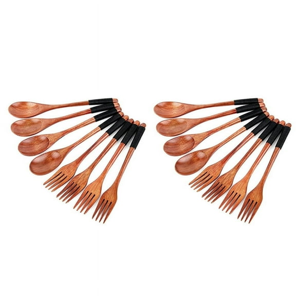 16Pcs Wooden Spoons Forks Set, Japanese Style Wooden Utensil Set, Handmade Kitchen Spoon, Reusable Travel Flatware Set A