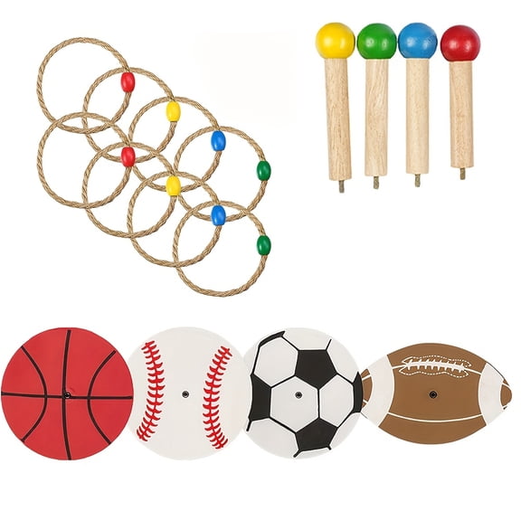 16Pcs Wooden Sports-Themed Ring Toss Game Set - Parent-Child Interactive Indoor Outdoor Toy for Kids Party Family Fun