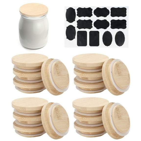 16Pcs Yogurt Jar Lids, Natural Bamboo Oui Lids with Silicone Sealing Rings & Labels, Reusable Yogurt Bottle Replacement Caps, Glass Jar Canning Lids