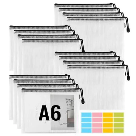 16Pcs Zipper Pouch File Storage Bag Notes Document A6 Mesh Divider Organizer Bag