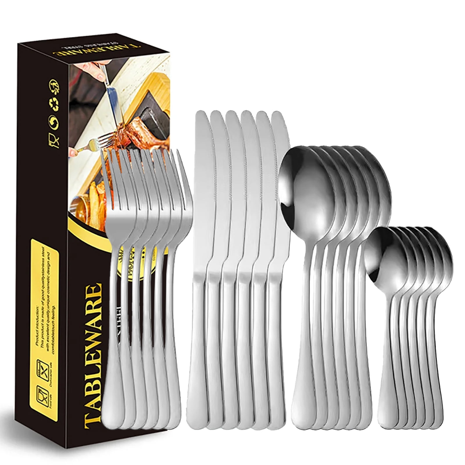 Metal Silverware 16PcsFlatware Set Stainless Steel Silverware Mirror-Finished Stainless ...