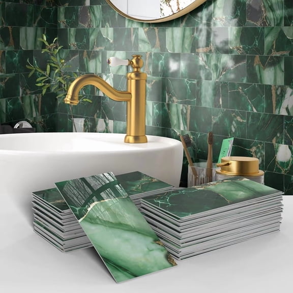 16Pcs Thick PET Glossy Subway Tile Sticker,4in X 8in Peel and Stick Backsplash Wall Tiles,Golden Veined Emerald Marble
