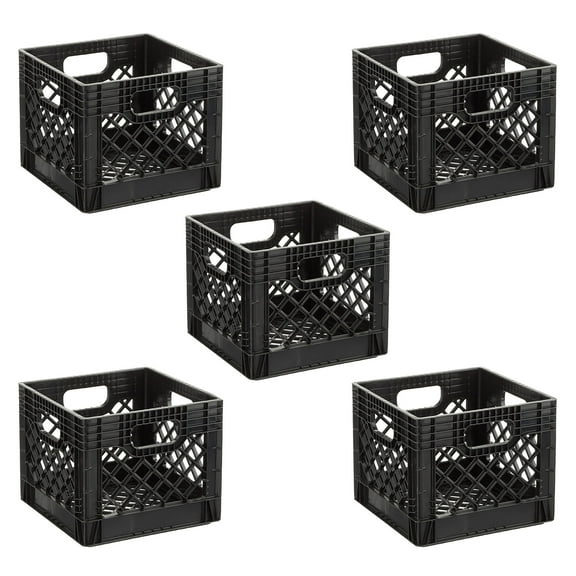 16QT Black Plastic Milk Crates  Heavy-Duty Stackable Storage Bins, 5 Pack  Durable Square Containers for Home, Garage, or Office