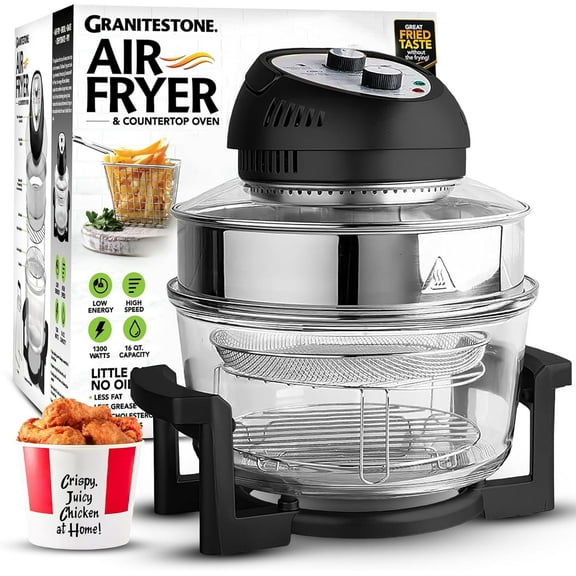 16Qt Large Glass Air Fryer Non Toxic Family Sized Large Halogen Oven Cooker with 3 Cooking Sections, Stainless Steel Racks, French Fries, Chicken, No Preheat, Self Cleaning, Dishwasher Safe