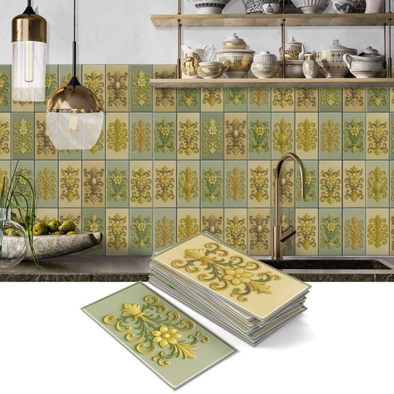 16Sheets Foaming Board Vinyl Tiles Stickers Wall Decals 8" x 4" Waterproof Peel and Stick Backsplash Yellow and Green Flowers Pattern Mural