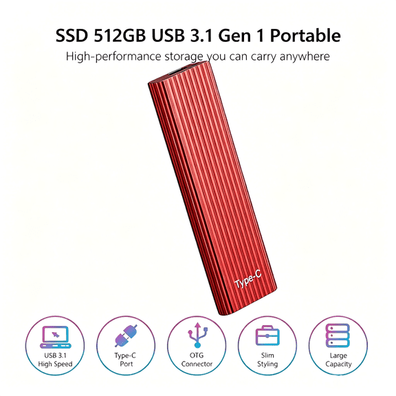 Mini Portable External SSD, USB 3.1 High Speed Solid State Drive for PC Mac Laptop, Drop Resistant Storage Backup Red