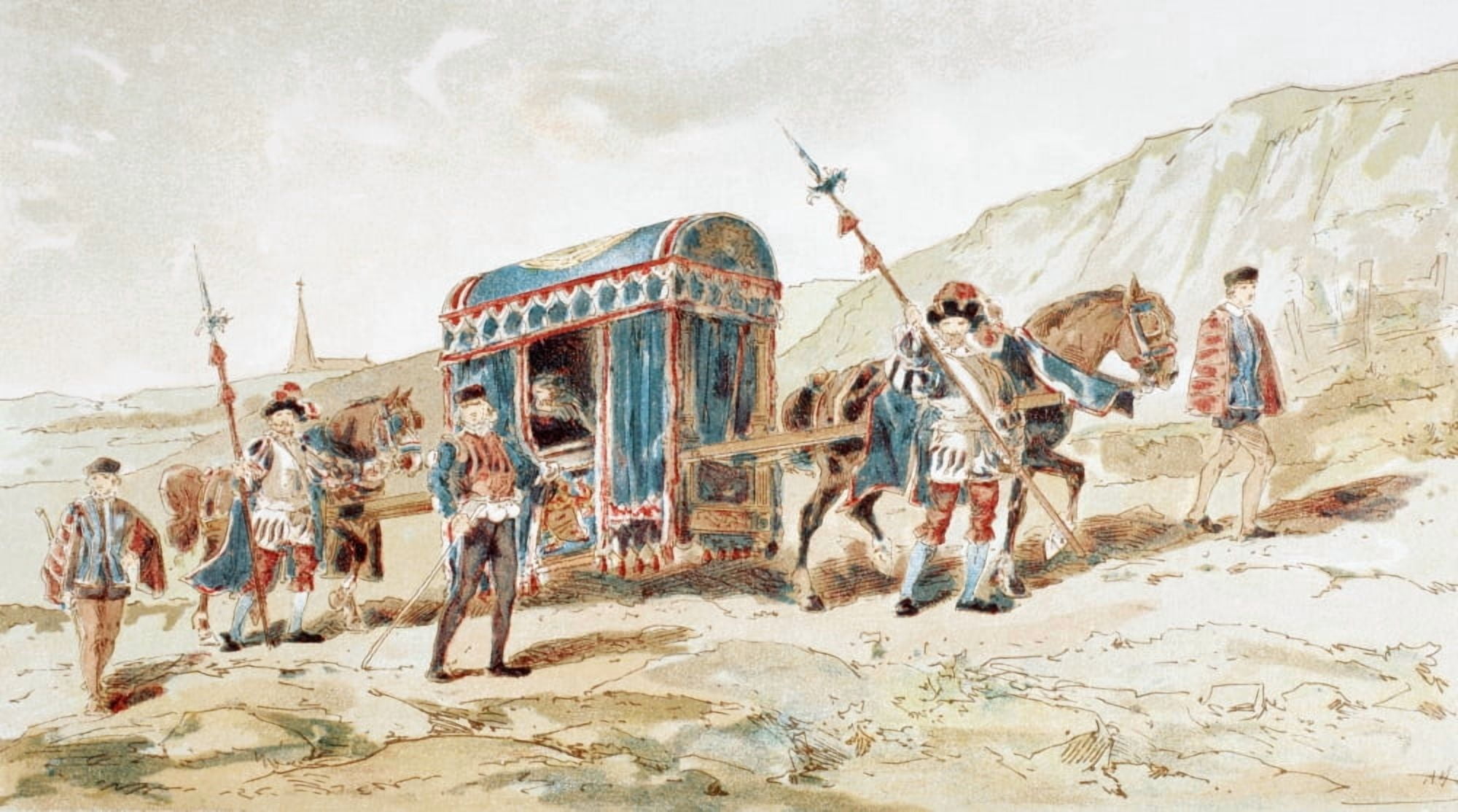 A 16Th Century Noblemans Horse Drawn Litter After A Watercolour By A Heins From Cortege Historique Des Moyens De Transport Published Brussels 1886 Canvas Art - Ken Welsh Design Pics (38 x 22)