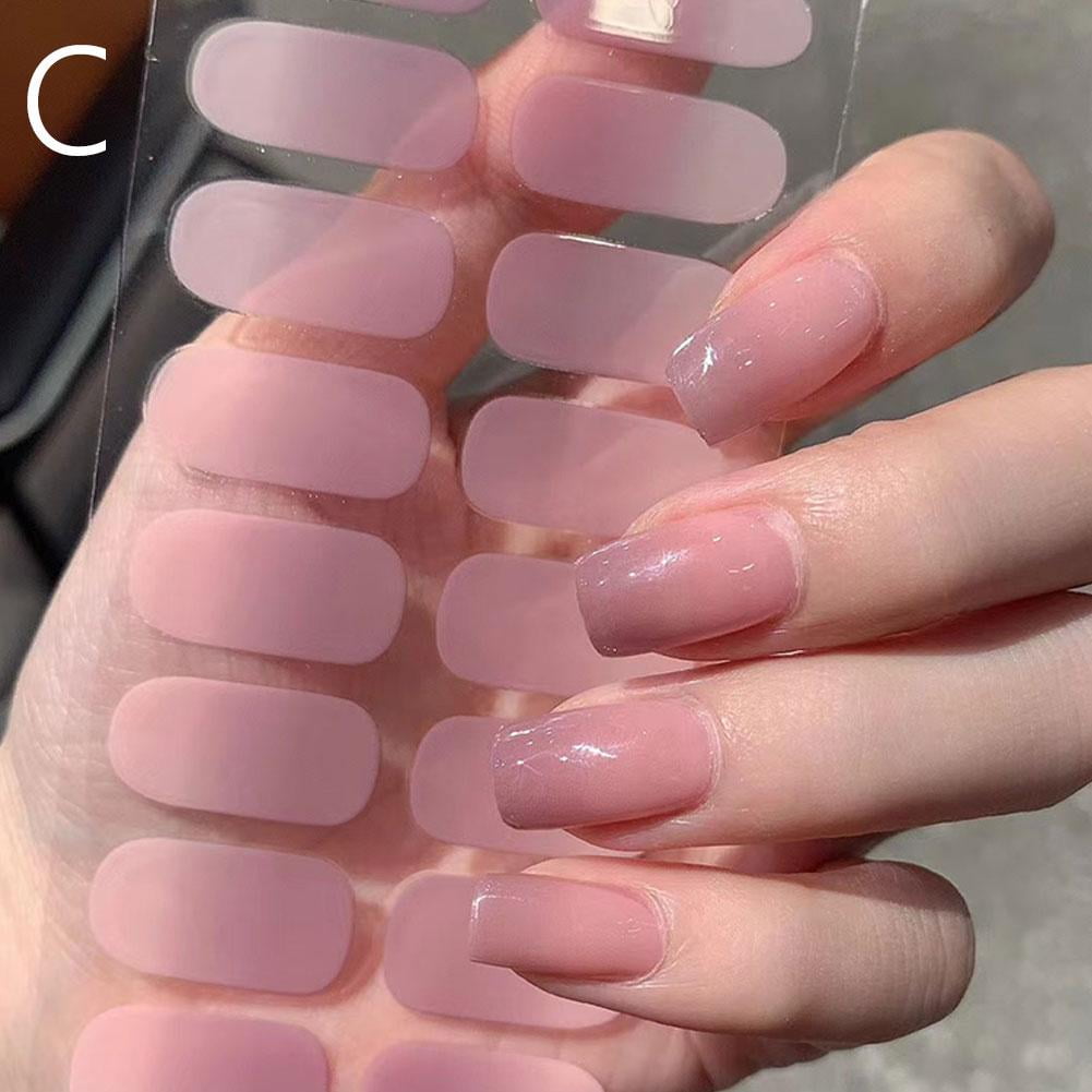 16Tips Pure Color Semi Cured Gel Nail Patch Strips Transparent UV/LED Lamp Gel Nail Polish Wraps French Full Cover Gel Sticker