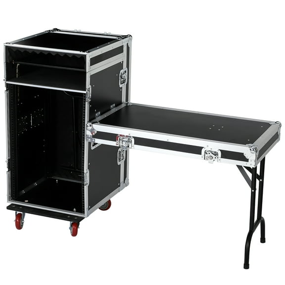 16U DJ Pro Audio Rack/Road ATA Case with 2U Drawer, 11U Slant Mixer Top, Two DJ Work Tables