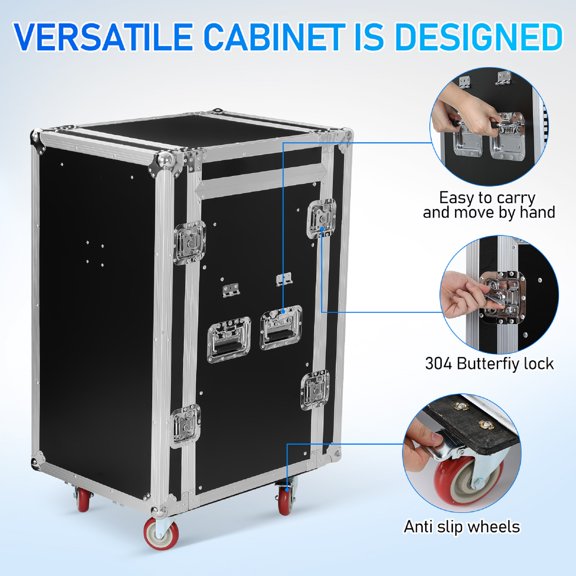 16U DJ Pro Audio Rack Road Case w/Slant Mixer Top, Heavy Duty Mobile Studio Equipment Cabinet, Network and Stereo Rack