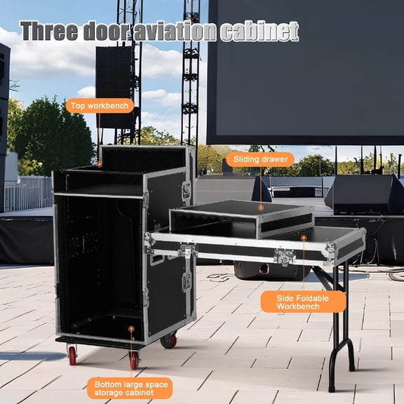 16U DJ Pro Audio Rack Road Case w/Slant Mixer Top, Heavy Duty Mobile Studio Equipment Cabinet for Mixers & Live Sound