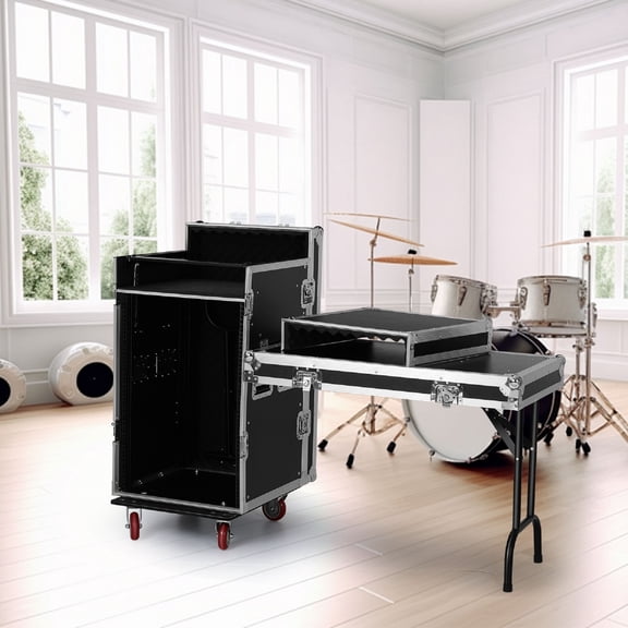 16U DJ Rack Case Studio Rack with DJ Table Top, Network and Stereo Rack, Heavy-Duty Mobile Studio Equipment Cabinet