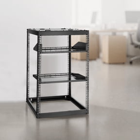 16U Heavy Duty 4-Post Open Frame Server Rack, 23" Deep, Wall Mount & Floor Standing, with Vented Shelves & Hardware for Network/IT/AV Equipment