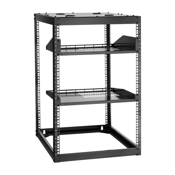 16U Open Frame Network Rack 23 Inch Depth Wall Mount Floor Standing Heavy Duty 4 Post Server Rack with Vented Shelves Mounting Hardware for Networking IT AV Equipment