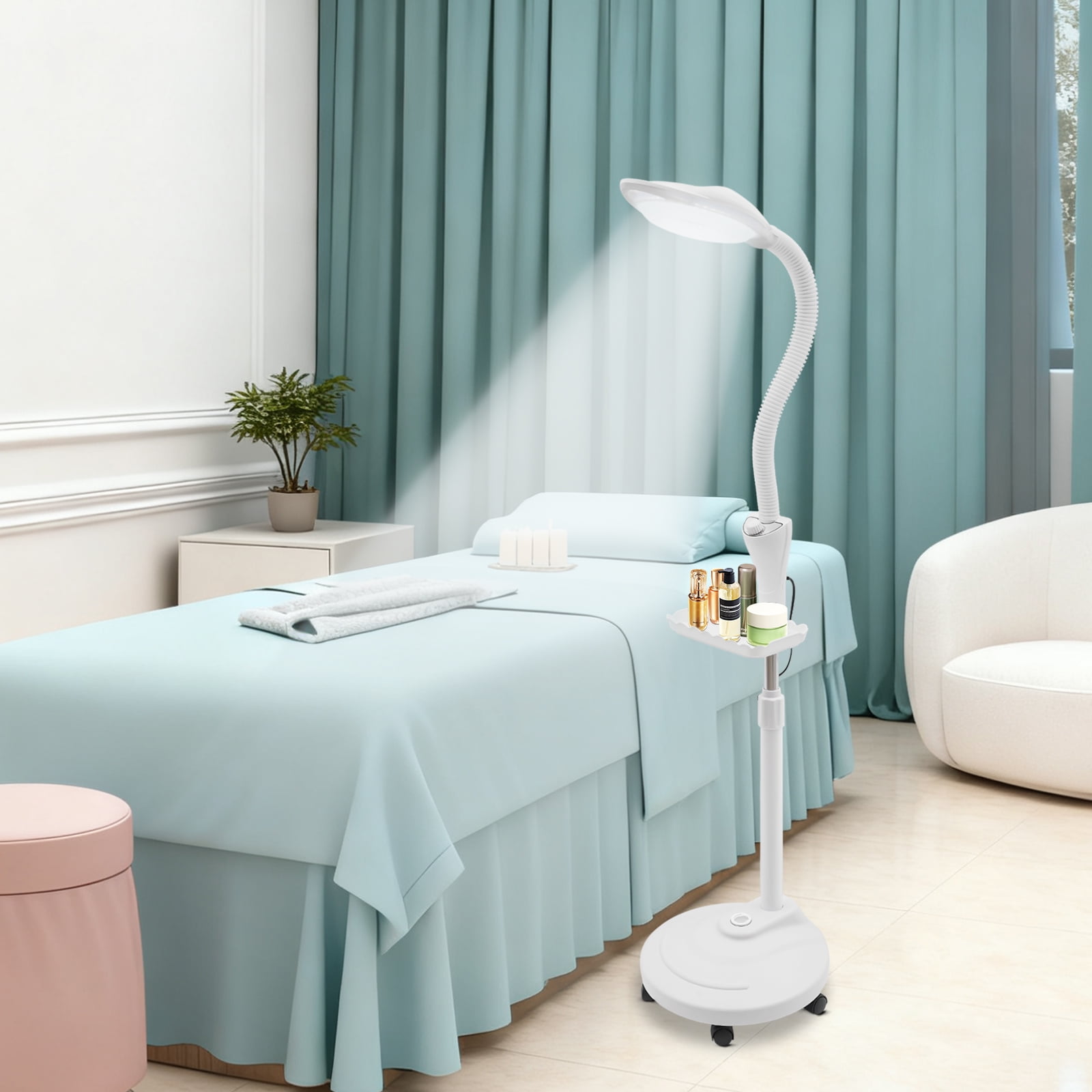 16X Magnifying Lamp with Adjustable Height, LED Light & Storage Tray, Floor Stand Magnifier for Beauty Salons, Nail Technicians, Dentists, Crafts, White