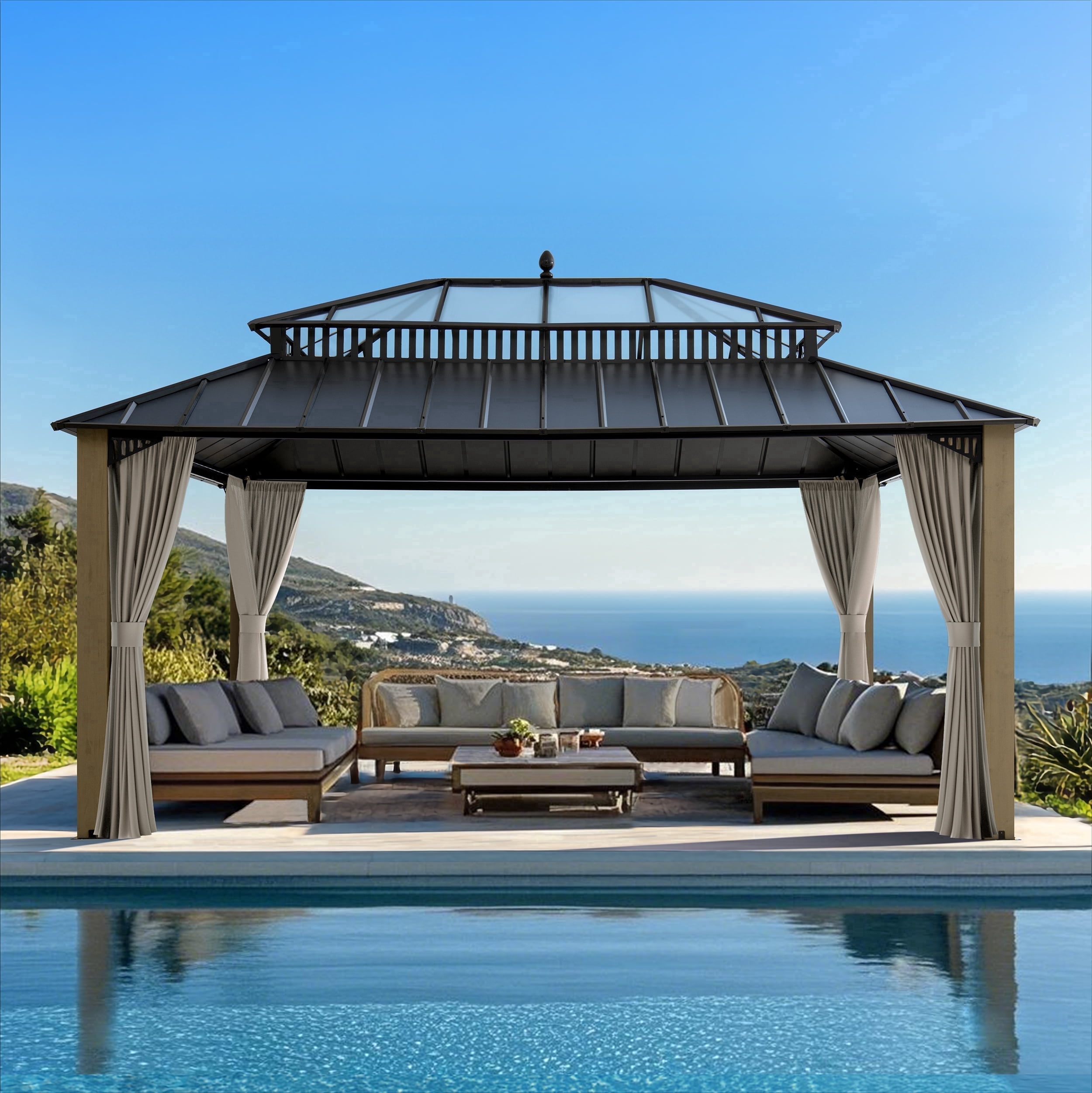 SUNJOY Kingston 16x12 Gazebo, Steel & PC Roof Hardtop Gazebo with Curtain and Netting - Cedar Posts