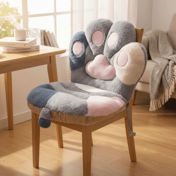 16X18In Cartoon Cat Paw One-piece Waist Cushion and Seat Pad with Lumbar Support for Office Chair or Dormitory Grey