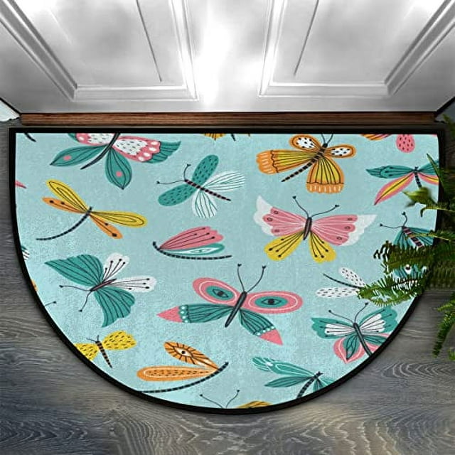 16X24 InchCute Butterfly Dragonfly Half Round Door Mat Indoor Entrance