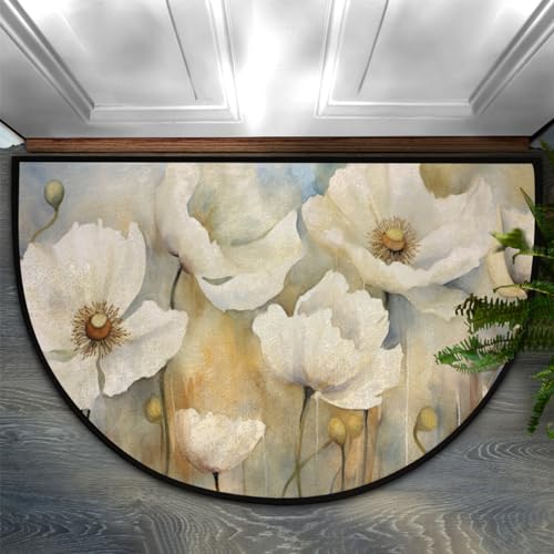 Butterfly Moon Flower Half Round Door Mat - Non-Slip Absorbent Entrance Rug, 36x24 Inches, Washable Low Profile