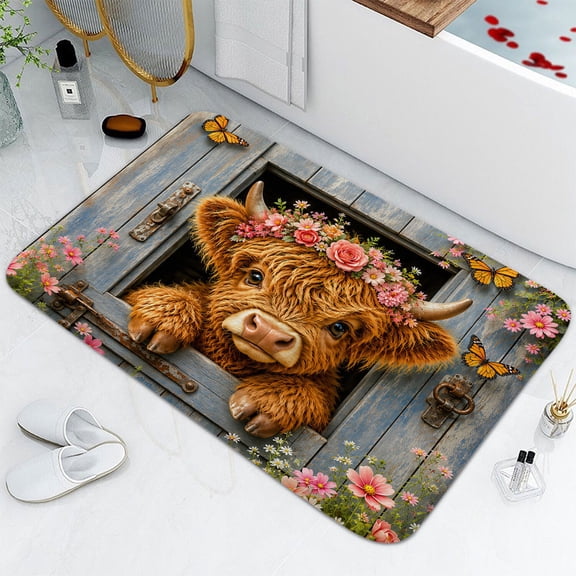 16X24 Inches Funny Highland Cow Bathtub Bath Mat Non-Slip Bathroom Rugs Cute Farm Animal Cow Vintage Floral Wooden Door Rustic Floor Mats Soft Absorbent Entrance Rugs Bedroom Kitchen Home Decor