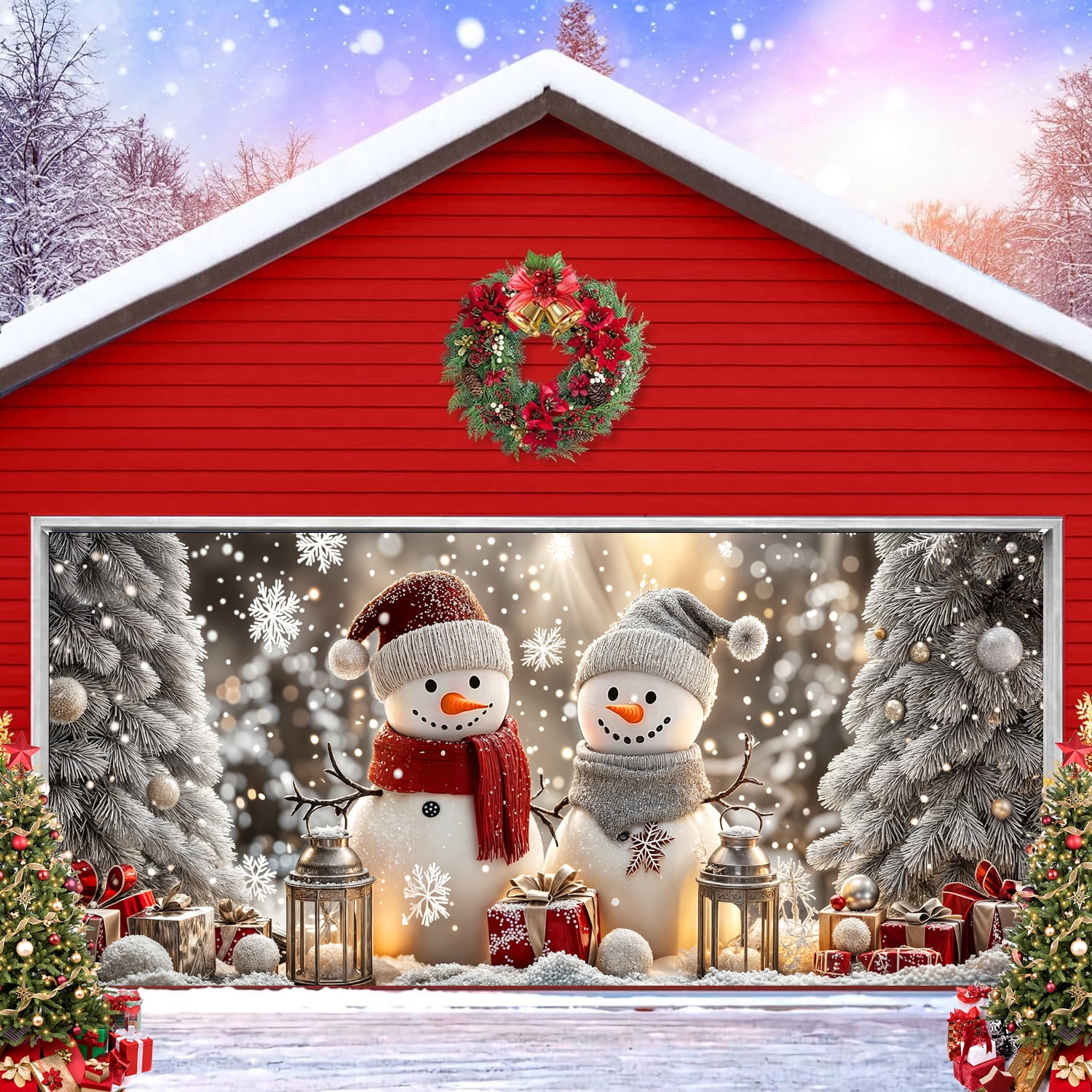 16X7 ft Christmas Garage Door Cover Decoration Winter Snowman Rustic