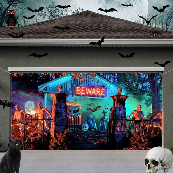 16X7 ft Halloween Cemetery Garage Door Decoration Background Scary Haunted House Creepy Cemetery Backdrops Trick or Treat Party Kids Adult Family Party Banner Cover