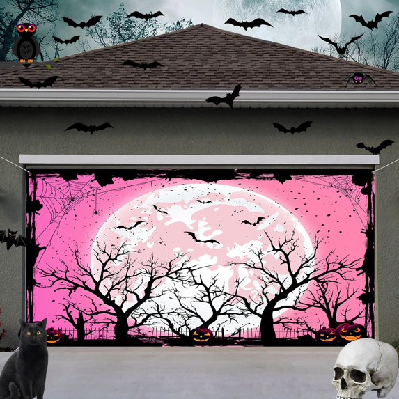 16X7 ft Happy Halloween Pink Garage Door Decoration Background Bat Scary Pumpkin Lantern Full Moon Backdrops for Parties Kids Photo Photography Booth Decor Banner Cover
