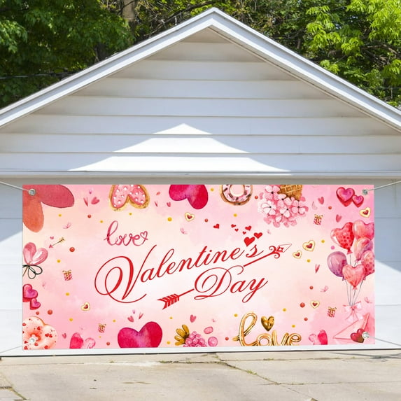 16X7 ft Happy Valentine's Day Garage Door Cover Decoration Background Blush Pink Pastel Love Balloon Sweetheart Bridal Shower Party Supplies Banner Photography Background Banner Cover