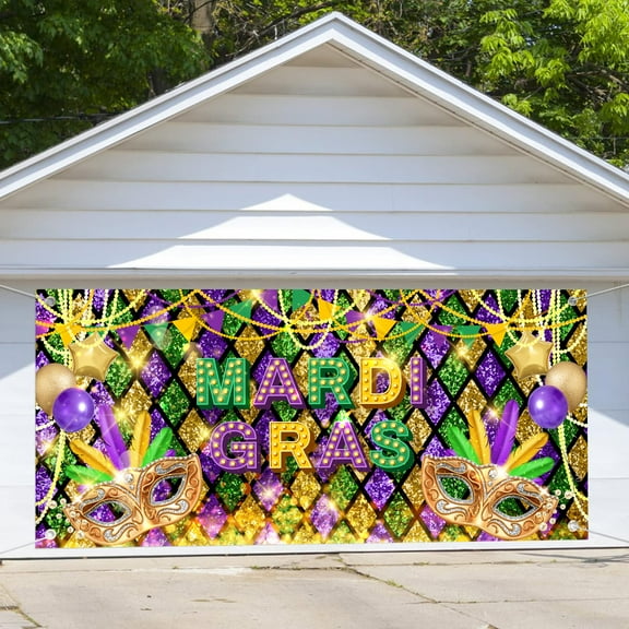 16X7 ft Mardi Gras Mask Garage Door Cover Background Purple Green Gold Beads Masquerade Party Photography Backdrop for Carnival Birthday Dancing Wedding Bachelorette Party Outdoor Indoor Banner Cover