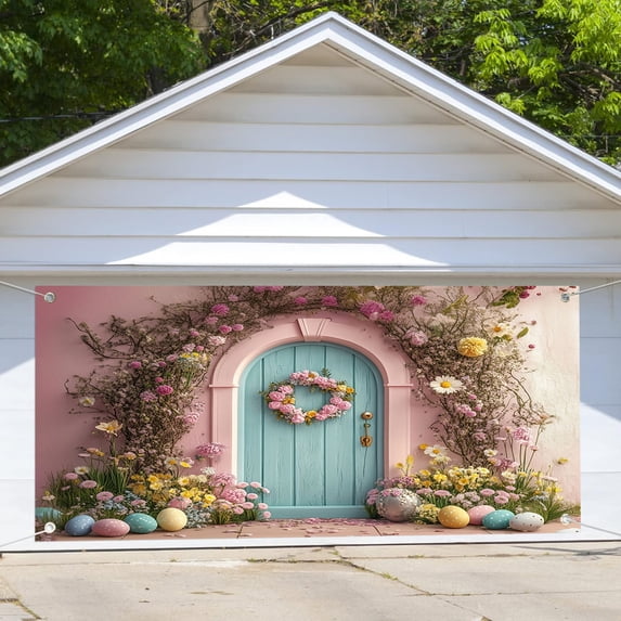 16X7 ft Spring Easter Garage Door Cover Backdrop Pink Garden Bunny Colorful Eggs Floral Garland Wood Door Backdrop Children Kids Background Happy Easter Party Outdoor Indoor Banner Cover